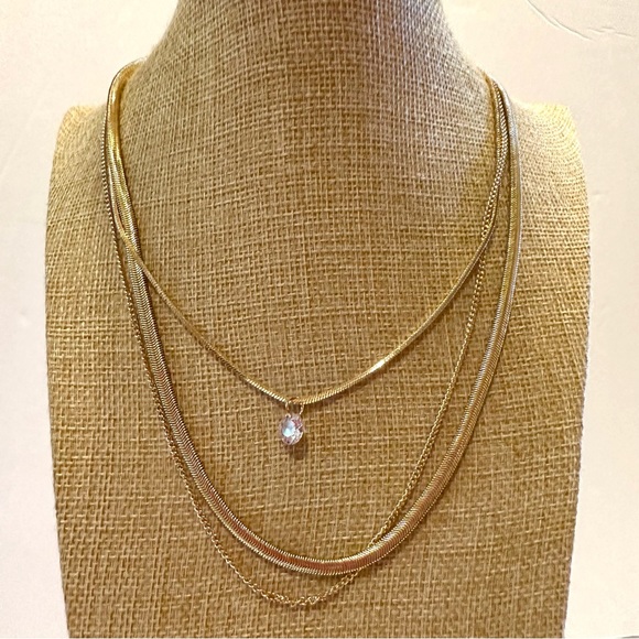 NWT Fashion Accents gold tone multi-strand necklace w/ cubic zirconia charm - Picture 2 of 11